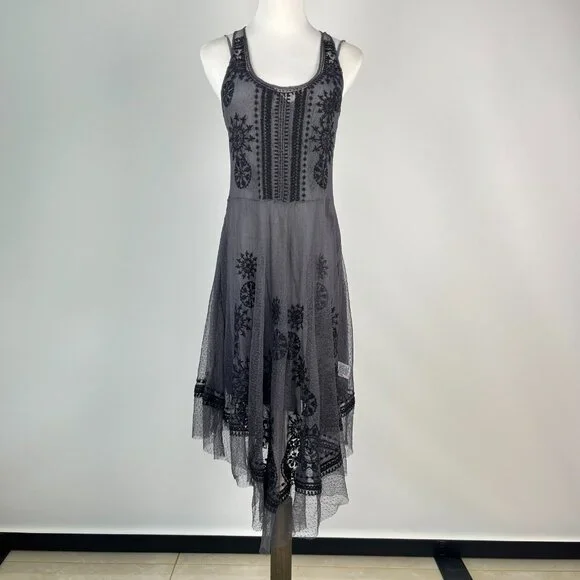 NWOT Johnny Was Biya Floral Mesh Embroidered Irregular Midi Dress Grey Size S - Picture 2 of 12